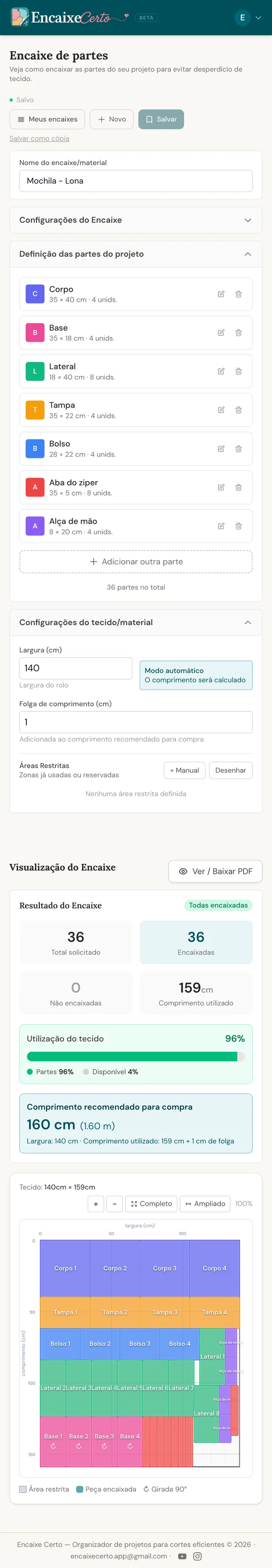 Encaixe Certo no celular: tela rolando da configuração das partes até a grade de encaixe
