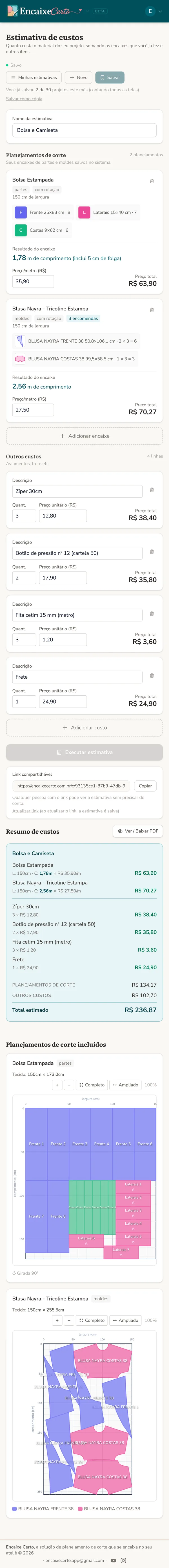 Estimativa de custos no celular: os encaixes somados, os outros custos e o total do projeto