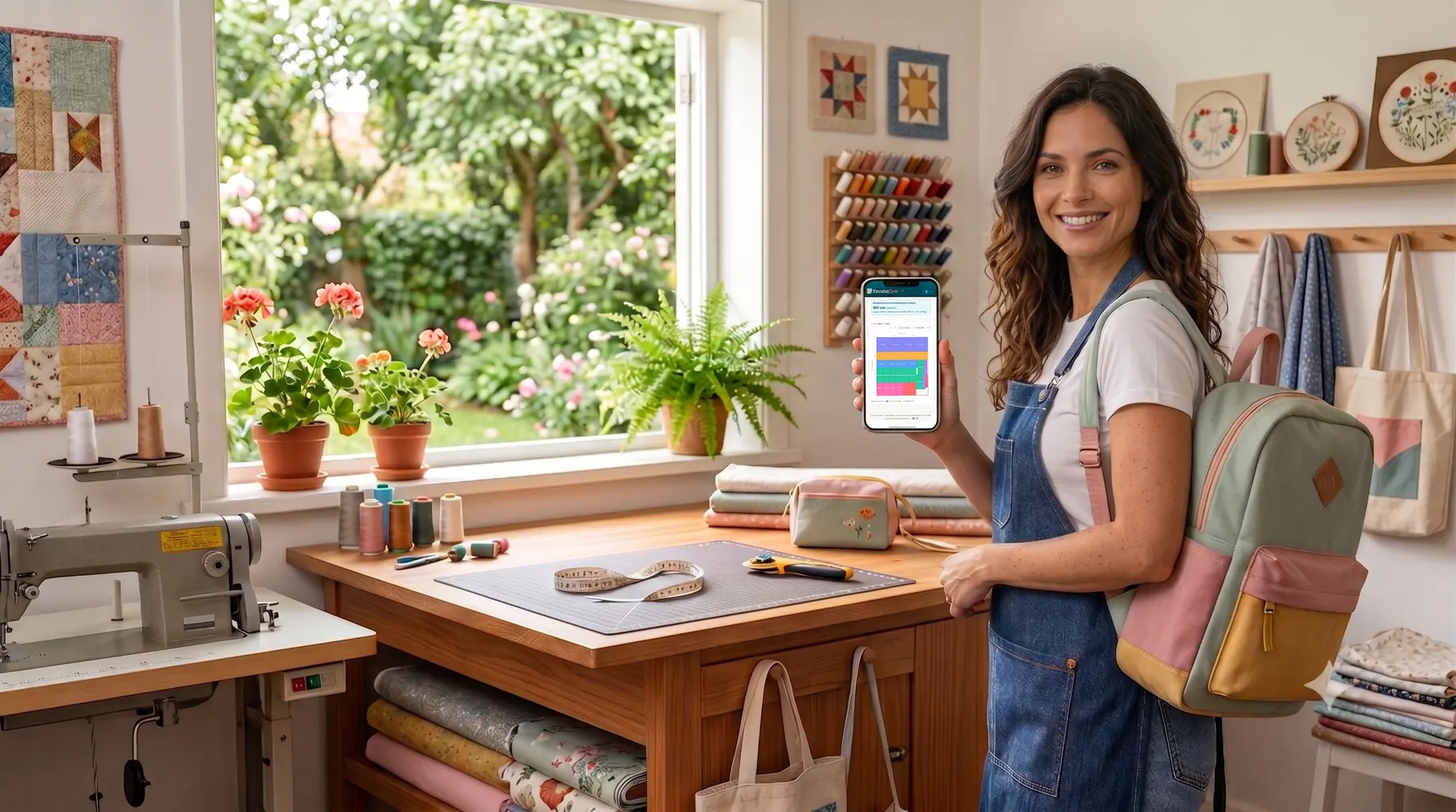 Artesã sorrindo no ateliê com a mochila que costurou, mostrando o Encaixe Certo no celular