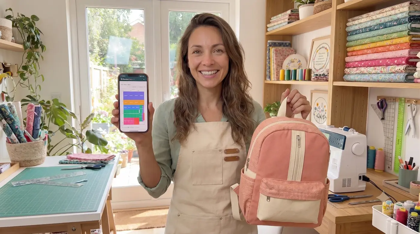 Artesã no ateliê com o Encaixe Certo no celular e a bolsa pronta que ela costurou