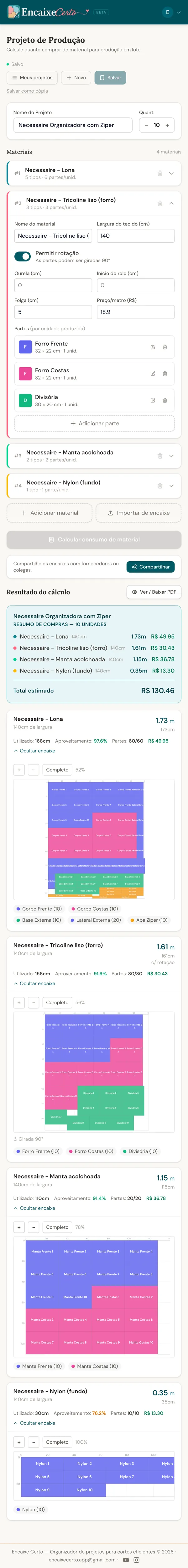Projeto de Produção no celular: lista de materiais, custo estimado e grade de encaixe por material