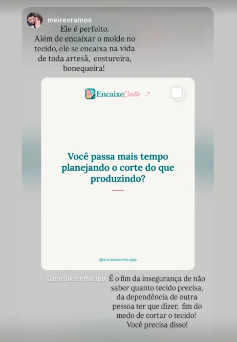 Depoimento de @meirevramos no Instagram sobre o Encaixe Certo