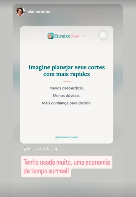 Depoimento de @elaineredhd no Instagram sobre o Encaixe Certo